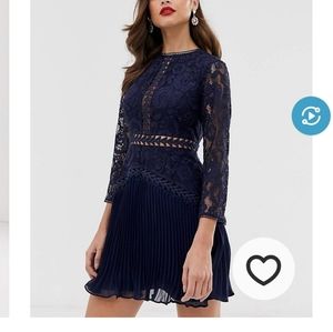 Long sleeve pleated lace navy blue dress UK 18